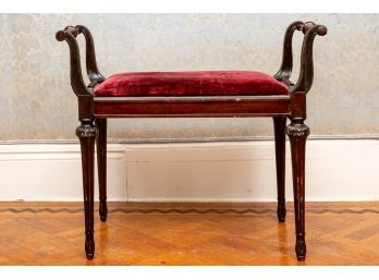 Antique Berkey & Gay Furniture Upholstered Red Velvet Wood Bench With Reeded Legs