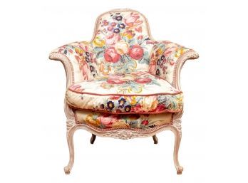 Vintage 1940s Carved Oak Wood Floral Upholstered Boudoir Chair