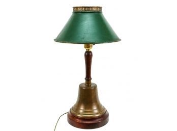 Unique Vintage Brass Bell Lamp With Green Tole Lampshade