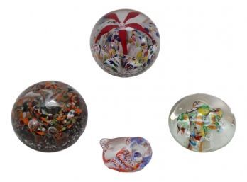 Set Of Four Handblown Glass Millefleur Decorative Paperweights