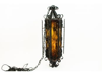 Vintage LARGE Wrought Iron Spanish Medieval Gothic Amber Swag Hanging Lamp