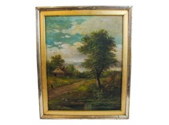 American Early 20th Century Signed 'W. P.....' Cottage By The River Oil On Canvas Painting