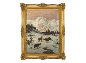 Renowned Artist Max Nordt (German, 1895-1979) 'Mountain Goats' Signed Oil On Canvas Painting