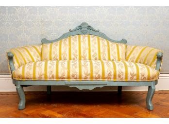 Victorian Child's Upholstered Settee With Carved Oak Wood Frame