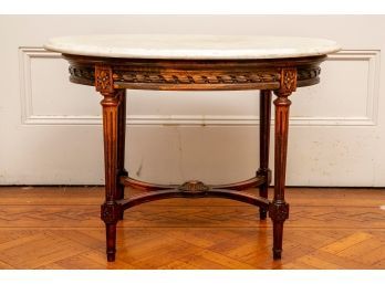 Vintage Oval Marble Top Carved Wood Coffee Table