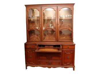 Vintage Wood China Cabinet With Drop Down Desk And Bubble Glass With Chicken Wire
