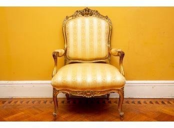 French Louis XVI Style Gilt Wood Striped Upholstered Armchair