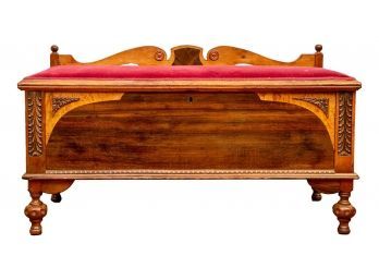 Antique 1920s West Branch Carved Wood Cedar Blanket Chest With Red Velvet Upholstered Top