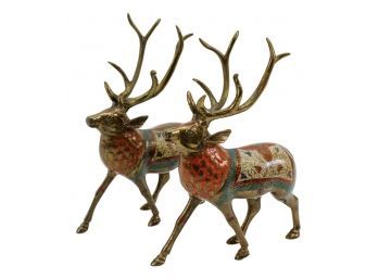 Pair Of Solid Brass Enameled Reindeer Figurines
