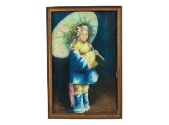 Signed Pastel On Paper Painting Of Asian Girl Holding An Umbrella
