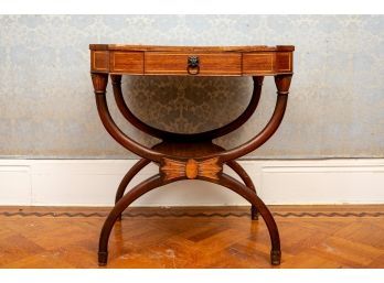 Art Deco Beautiful Flame Mahogany Top Carved Wood Side Table With Banded Inlay