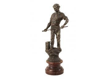 Antique German Metal Smelter Worker Figurine On Wooden Base