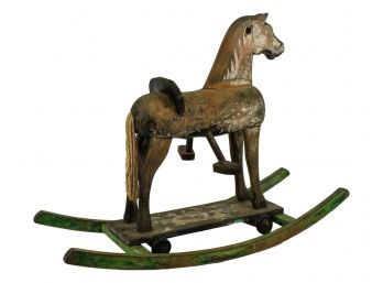 Antique Ca. 1880-1900 Hand Carved Wood Dual Rocking Horse And Pull Toy On Wheels With Original Paint And Tail