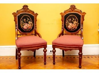 Pair Of Antique Walnut Eastlake Chairs With Fine Needlepoint Upholstery