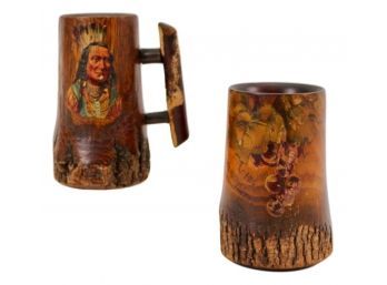 Pair Of Signed Carved/Hollowed Trunk Native American Hand Painted Mugs
