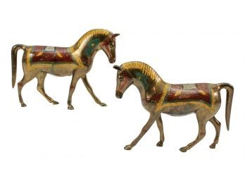 Pair Of Brass Enameled Hand Painted Horse Figurines
