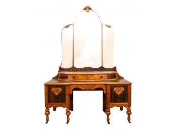 Art Deco (ca. 1935) Maple And Walnut Vanity Dressing Table With Mirror