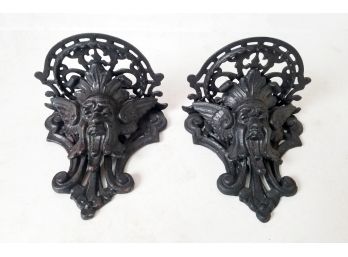 Pair Of Ornate Gothic Cast Iron Gargoyle Bust Figural Wall Shelves