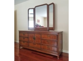 Large Thomasville Mystique Solid Pecan Wood Dresser With Trifold Vanity Mirror