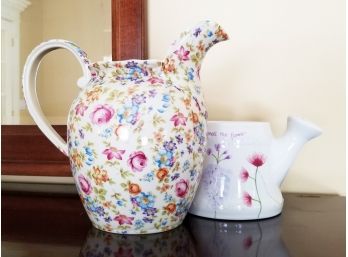 Large Chintz Porcelain Pitcher & Small Painted Chives Porcelain Watering Can