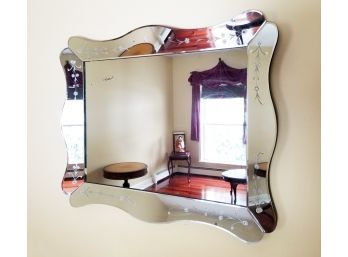 Mid Century Ornate Beveled Hallway Mirror W/Etched Floral Mirrored Frame