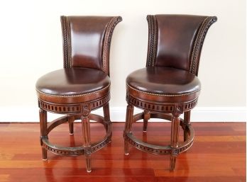 Pair Of Vintage Solid Wood Leather Upholstered Swivel Counter Height Bar Stools