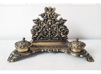 Antique Ornate Cast Brass Double Inkwell Desk Set