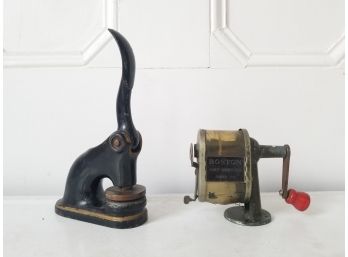 Antique Cast Iron Notary Seal Press/Embosser & Boston 'KS' Desk Mount 8-Holes Pencil Sharpener