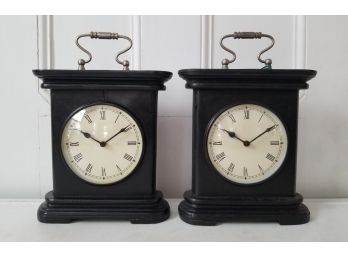 Pair Of Antique Mango Wood Pewter Handle Mantle Clocks