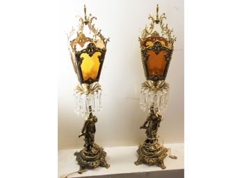 Two Vintage Cast Brass Cherub & Crystals Ornate Lamps
