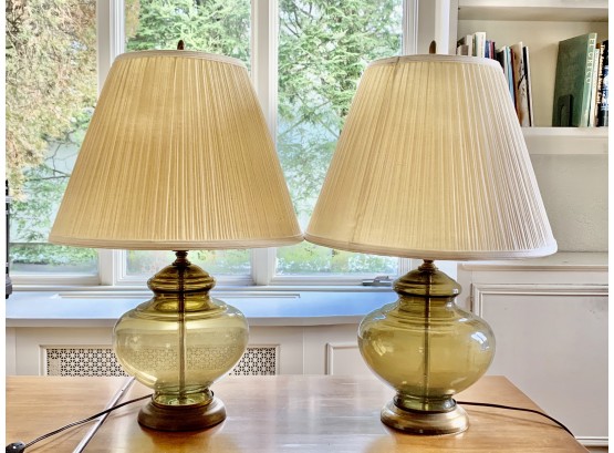 Pair Colored Glass Lamps With Nice Pleated Shades