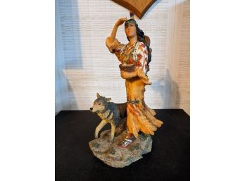 Carved Resin Sculpture Of Native American Woman With Wolf