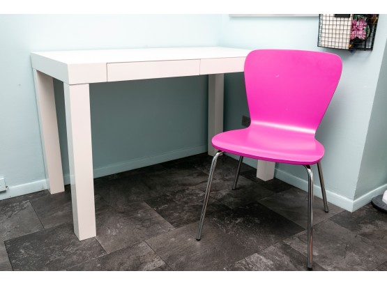 West Elm White Lacquer Parsons Desk + Crate & Barrel Pink Desk Chair