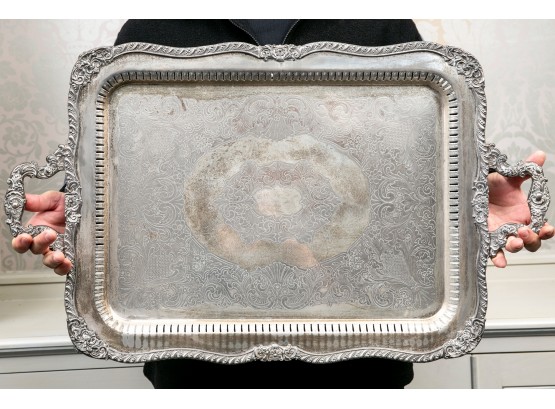 Large Hallmarked Silver-Plate Handled Footed Serving Tray