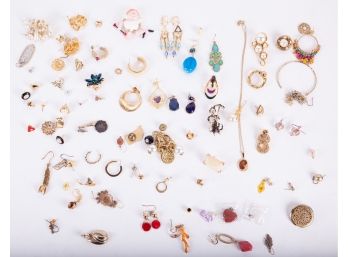 Gold Tone Collection Of Earrings, Charms, Pins & More