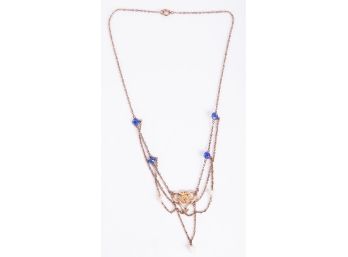 Gold Tone & Blue Crystal Necklace