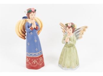 Pair Of Pottery Angel Figurine Candle Holders