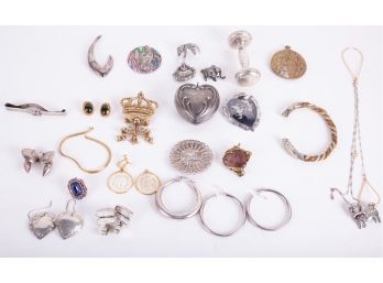 Assortment Of Earrings, Charms, Pendants And Pins, Including Sterling