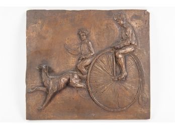 Signed Spelter Plaque Of Boys & Penny Farthing