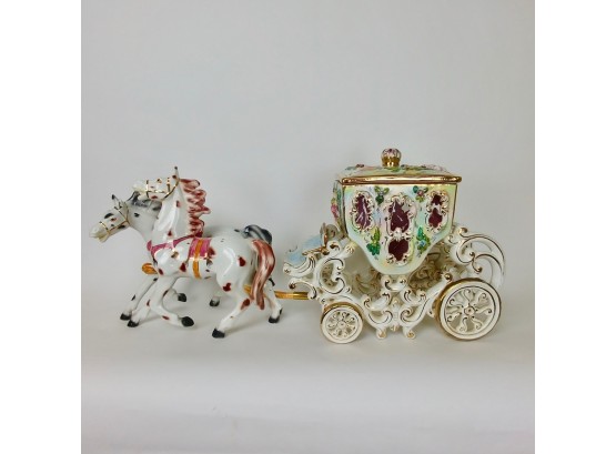 Hand Painted Italian Porcelain Horse & Carriage