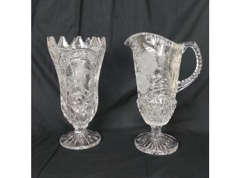 Pressed And Etched Glass Vase & Pitcher