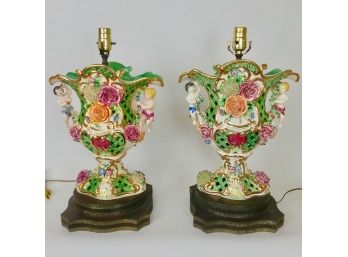 Pair Green Capodimonte Lamps On Pedestal Bases