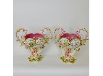 Pair Of Capodimonte Double Handled Figural Urns