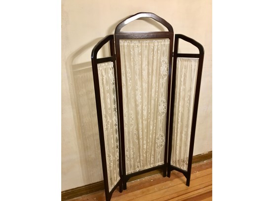 Three Panel Hinged Wood And Lace Screen