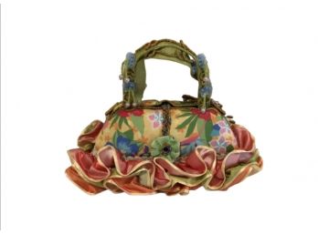 MARY FRANCIS Hand-Beaded, Two Handled Ruffled Handbag / Art