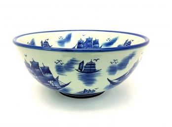 Large Porcelain Nantucket Made In China Blue White Sailboat Centerpiece Bowl
