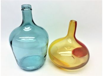Two Vintage Used Blue Yellow Red Glass Bottles