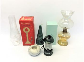 Mixed Lot Vintage Lighting Oil Lamp Glass Shade Party Lite Pineberry Cone Candle Coleman Flashlight Lantern
