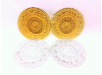 Two Pairs Of Vintage Clear & Amber Pressed Glass Dishes Plates