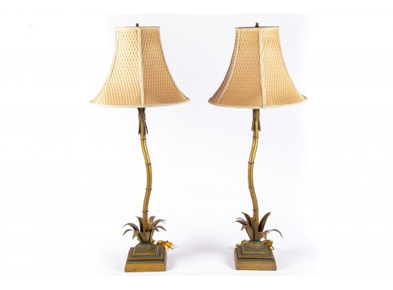 Pair Of Tole Bamboo Form Table Lamps With Shades